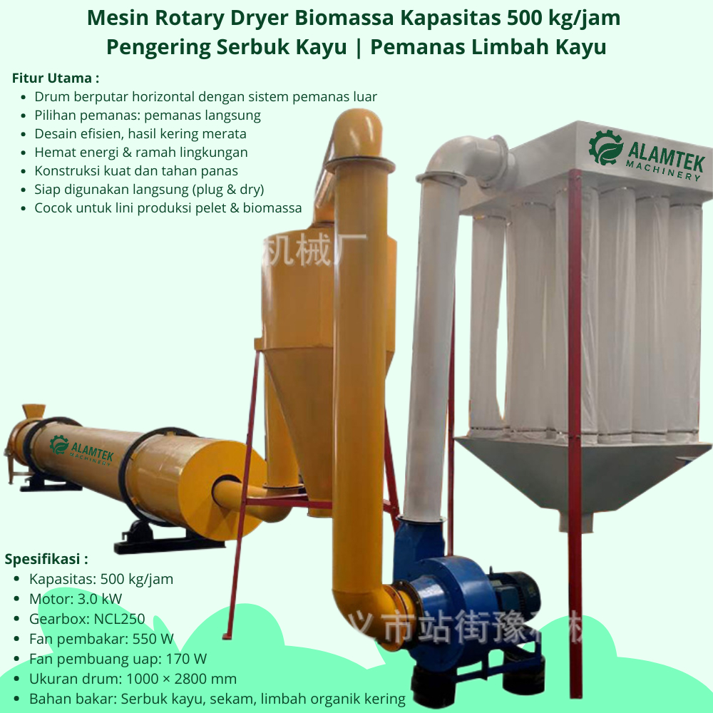 Mesin Rotary Dryer Biomassa Kapasitas 500 kg/jam | Pengering Serbuk Kayu | Pemanas Limbah Kayu