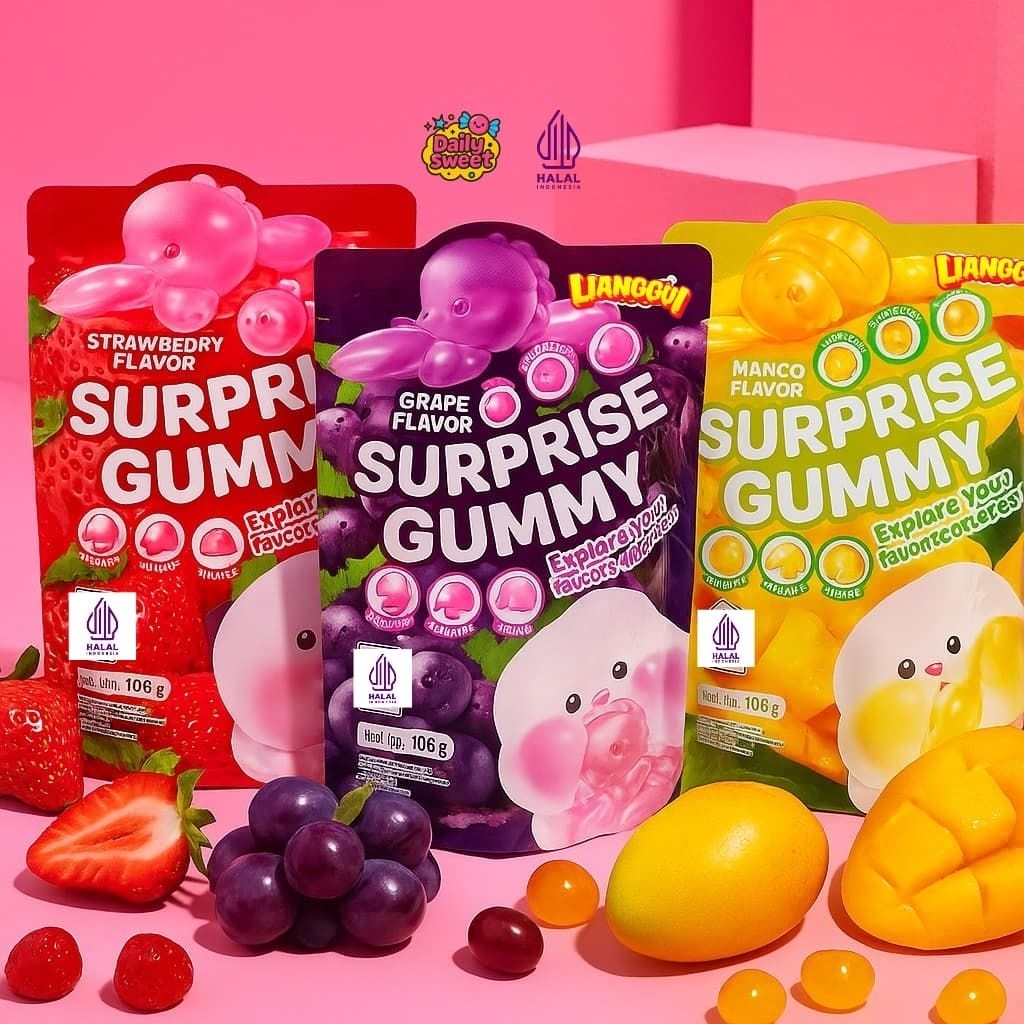 

[LIANGGUI] SURPRISE GUMMY STRAWBERRY, ANGGUR, MANGGA, PERMEN LUNAK RASA BUAH, CHEWY, MANIS, ASEM, CEMILAN, SNACK, PERMEN KARAKTER, LUCU, CANDY