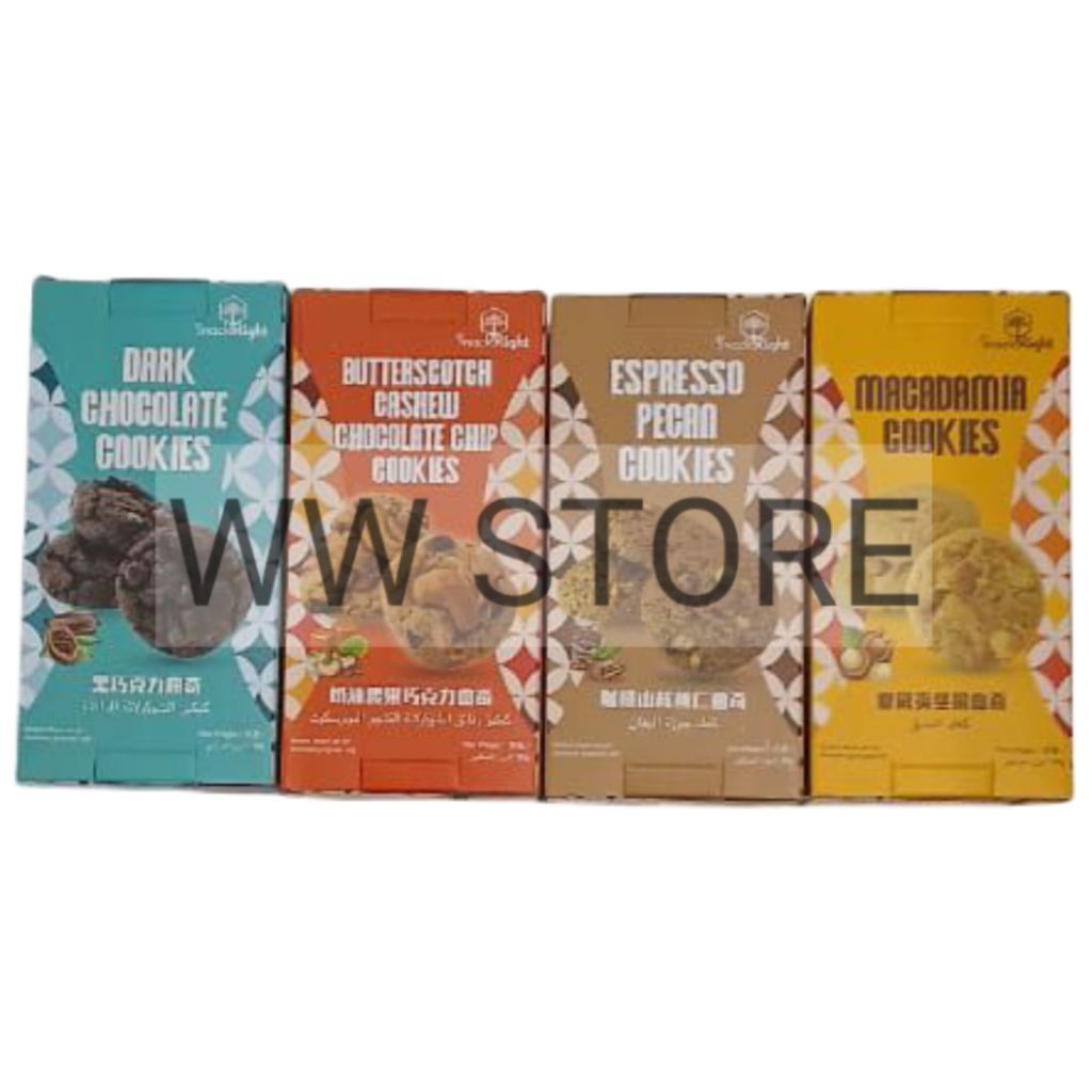 

Kukis kacang mede rasa mentega dengan cokelat coklat hitam Malaysia Malaysian SnackRight Snack Right DARK CHOCOLATE BUTTERSCOTCH CASHEW CHOCOLATE CHIP CHIPS ESPRESSO PECAN MACADAMIA COOKIES 90g