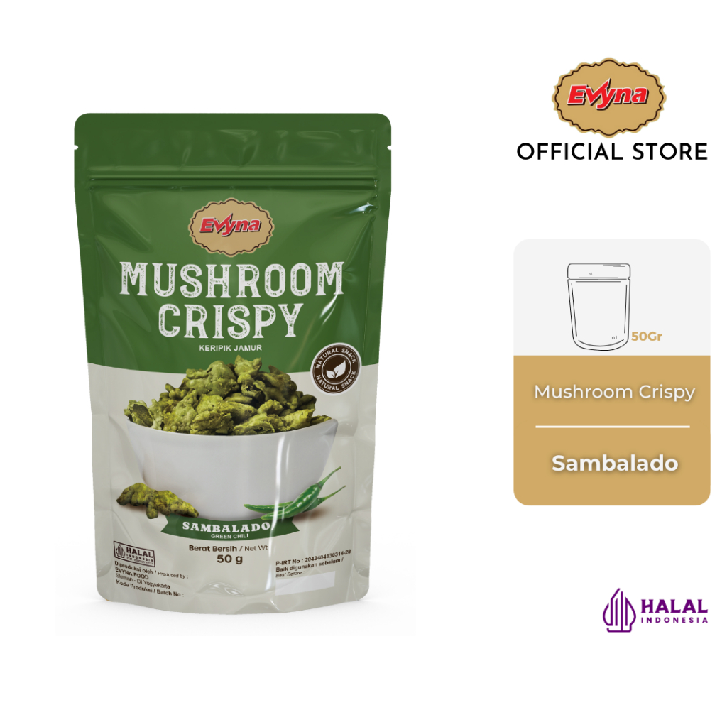 

Evyna Mushroom Crispy Keripik Jamur Rasa Sambalado Cabe Ijo 50 gram