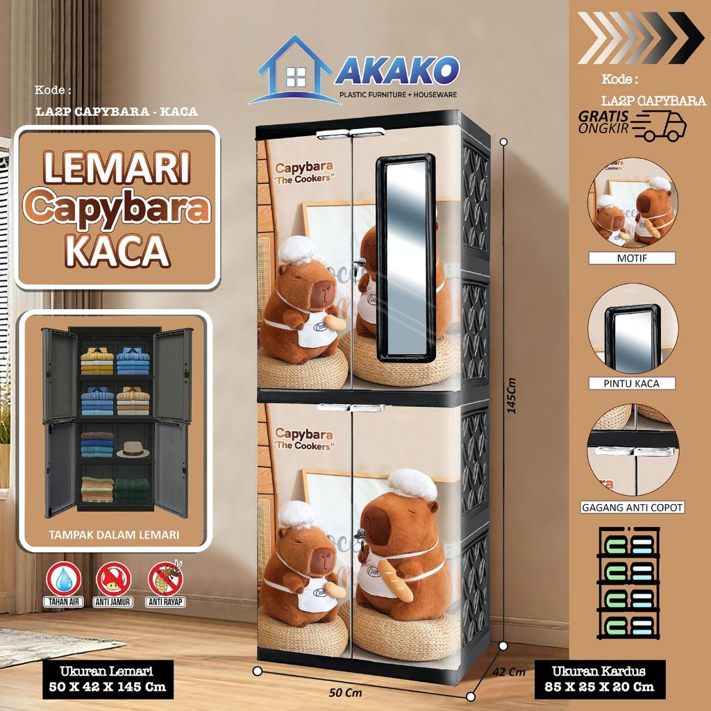 LEMARI ANAK 2 PINTU GAMBAR CAPPYBARA LEMARI ANAK LUCU- LEMARI PLASTIK MUDAH DIRAKIT BRAND AKAKO LEMA