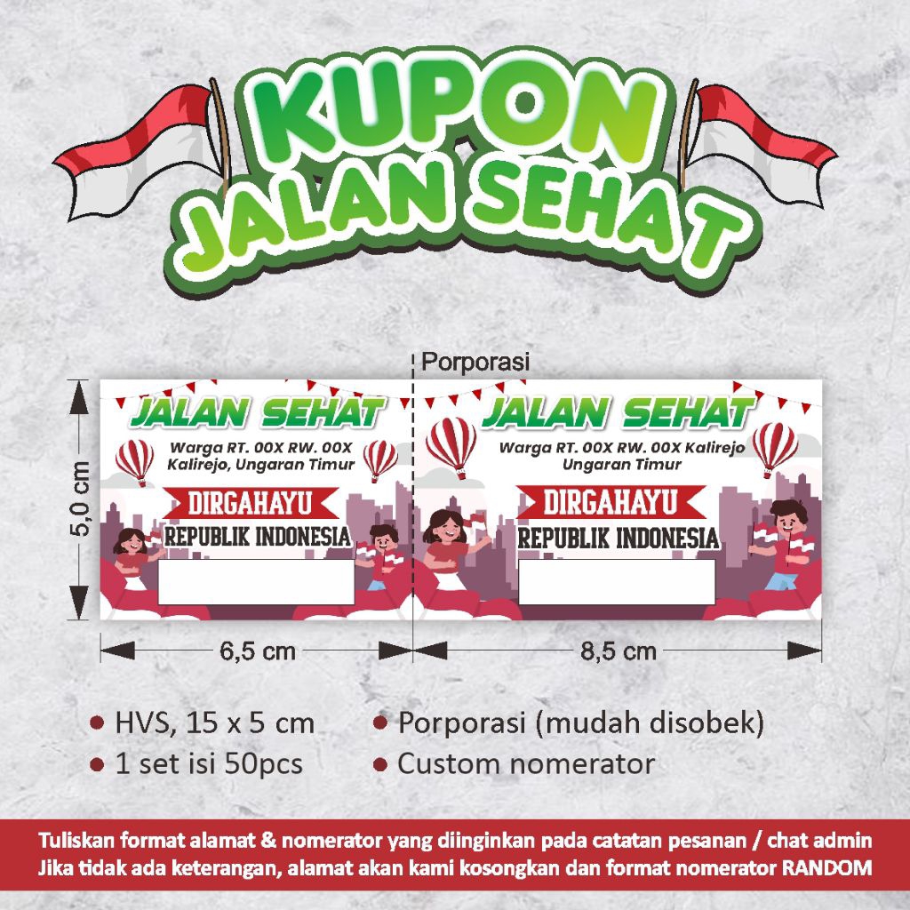 

Cetak Kupon Jalan Sehat HUT RI 17 Agustus Custom Nomerator