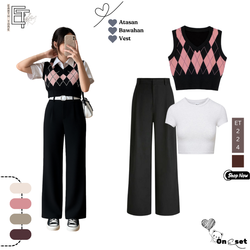 OOTD KOREAN STYLE -Vest crop pink+ Celana Kulot +Kaos Crop Top [ET234]