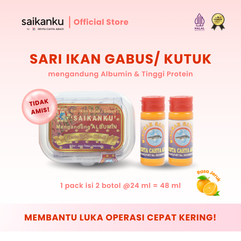 Saikanku Sari Ikan Gabus Suplemen Luka Operasi Albumin Ekstrak Ikan Gabus Cair Rasa Jeruk