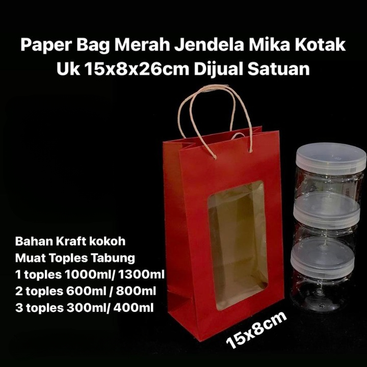 

Tas Paper Bag Warna Merah Jendela Mika Ukuran 15x8x26 Cm