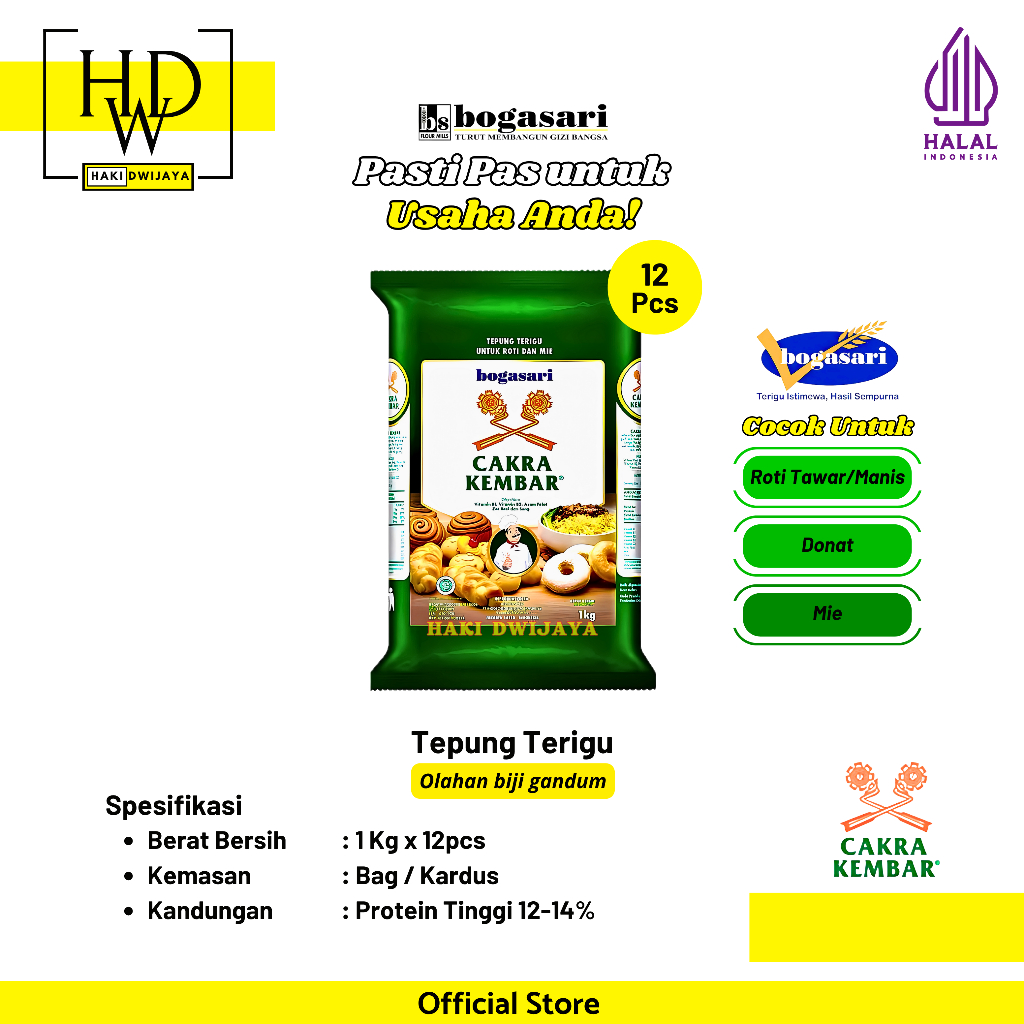 

Bogasari Cakra Kembar Tepung Terigu Premium Protein Tinggi Pilihan Tepat untuk Roti, Donat & Mie 1Kg x 12pcs