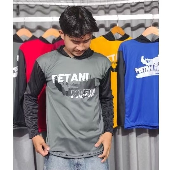 Kaos tani lengan panjang kupluk Bersablon PETANI MUDA TRAKTOR HITAM