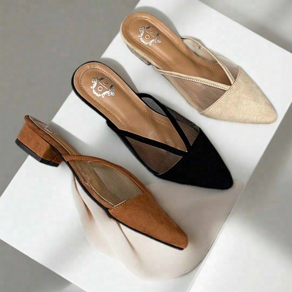 Faduzzi Mules Wanita Sandal Mules Wanita Ujung Lancip Hak Tinggi 3 Cm Elegan
