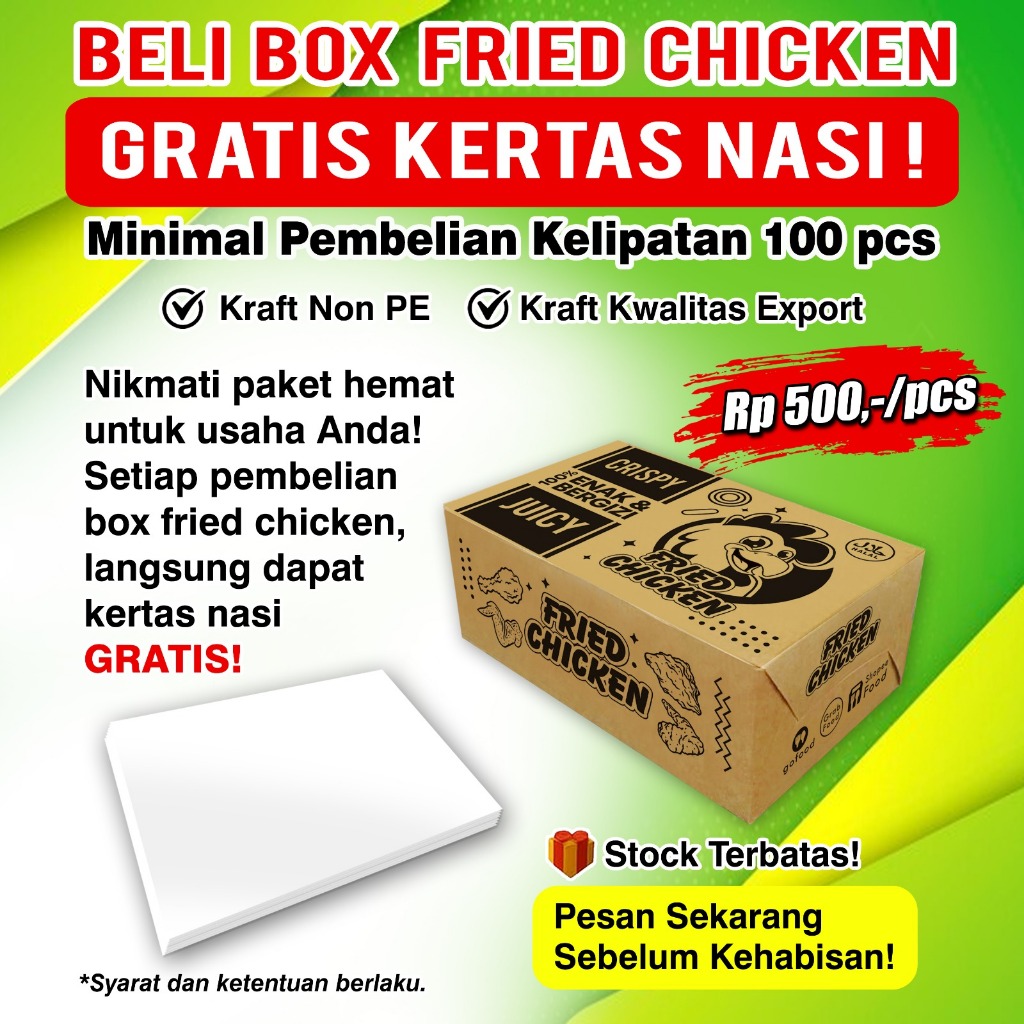 100 Pcs Box Nasi Fried Chicken + Kertas Nasi Paket Hemat Dus Nasi Free Kertas Nasi - Bahan Ramah