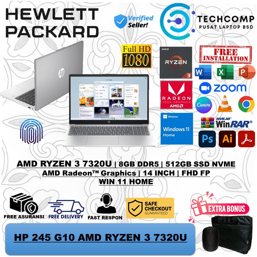 PROMO LAPTOP BARU HP 245 G10 AMD RYZEN 3 7320U RAM 8GB 512GB SSD WINDOWS 11 ORIGINAL OFFICIAL STORE