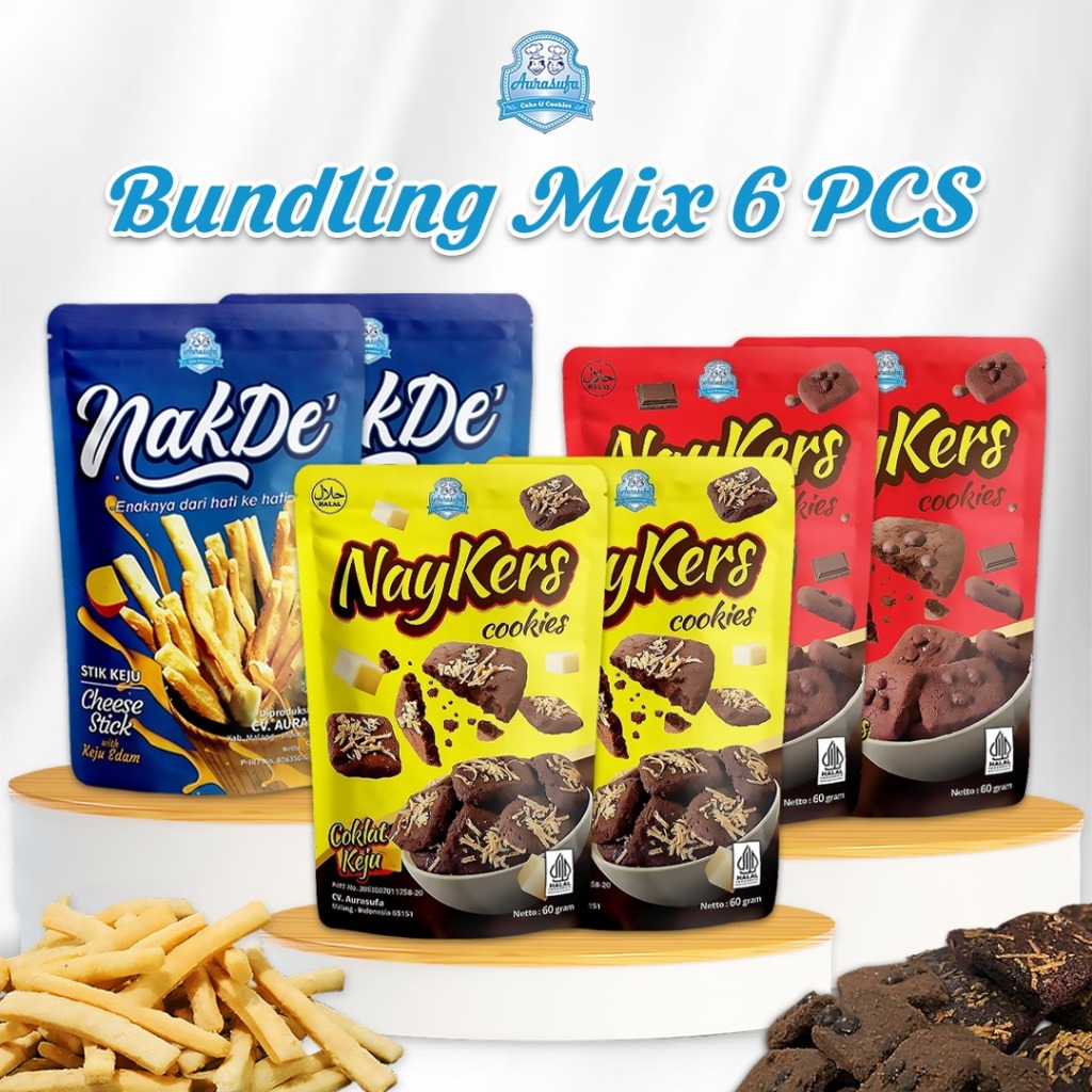 

Paket 6 Pcs Aurasufa, 2 Pcs Nakde' Stik Keju, 2 Pcs Naykers Cookies Chocochip, 2 Pcs Naykers Cookies Choco Cheese, Camilan Sehat Kekinian