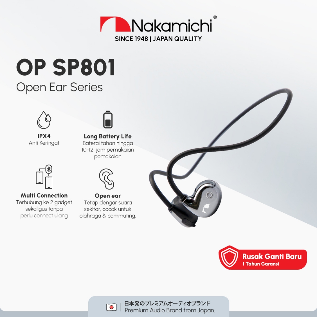 Nakamichi OP-SP801 True Wireless Earbuds - Hitam/Putih, IPX5, 30 Jam Baterai