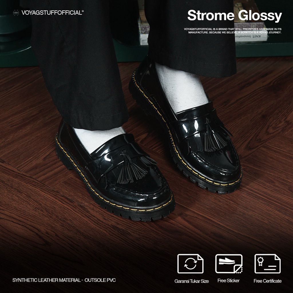 Voyagstuffofficial Strome Penny Sepatu Penny Loafers Pria Hitam Glossy Model Kasual Sepatu Penny loa