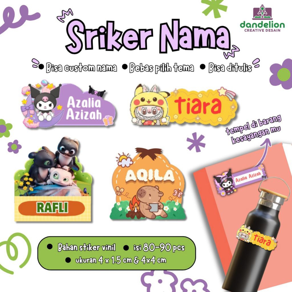 

(80-90 Pcs) Sticker Label Nama Anak Karakter / Stiker Nama Waterproof / Sticker Nama anak Free Custom Nama / Stiker set Pack