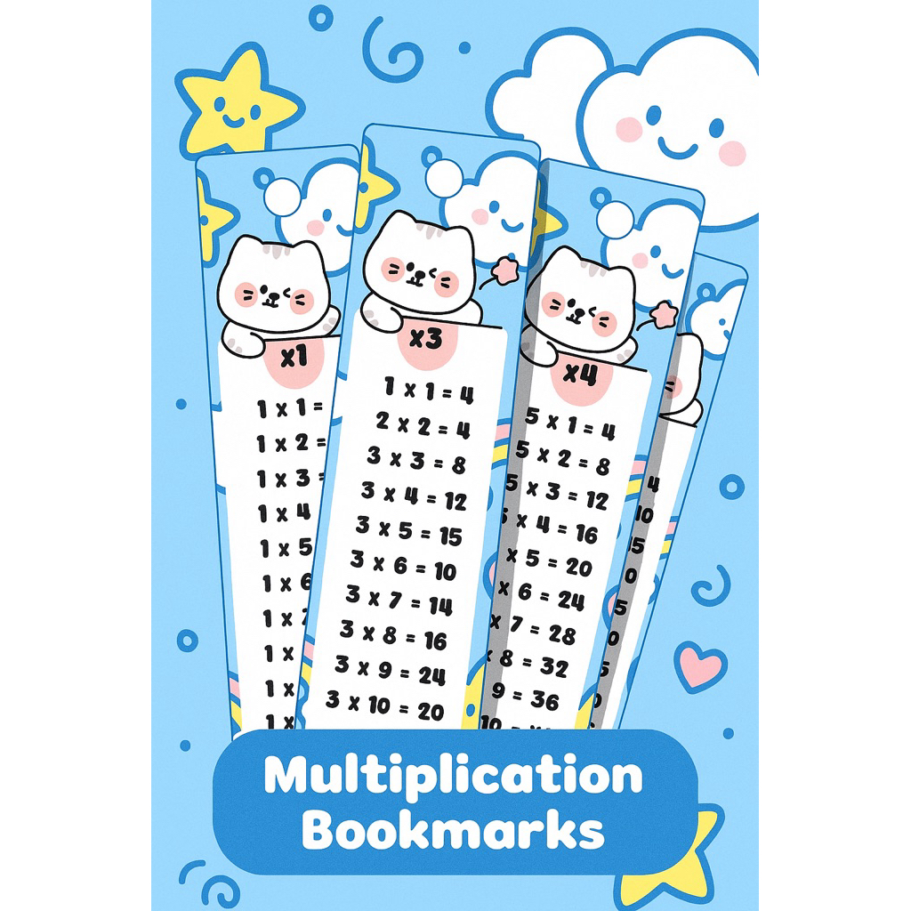 

Bookmark Lucu Tabel Perkalian x1–x10 – Desain Kucing Imut & Warna Biru Pastel