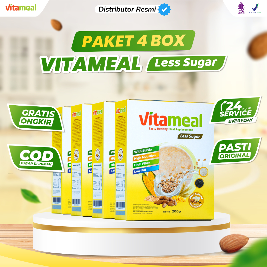 

VITAMEAL LESS SUGAR 4 BOX - Sereal Sehat Multigrain Rendah Gula Membantu Menurunkan Kolesterol Hipertensi Sesak Nafas Menyehatkan Jantung Makanan Sehat bisa Untuk Diet Meal replacement oat Cemilan Pengganti Tanpa Efek Samping