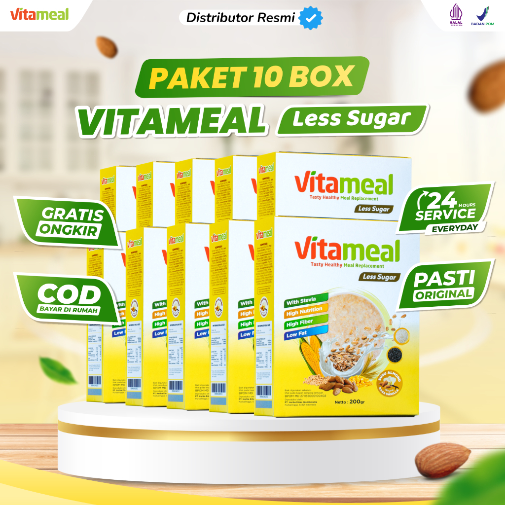 

VITAMEAL LESS SUGAR PAKET RESELLER 10 BOX - Sereal Sehat Multigrain Rendah Gula Membantu Menurunkan Kolesterol Hipertensi Sesak Nafas Menyehatkan Jantung Makanan Sehat bisa Untuk Diet Meal replacement oat Cemilan Pengganti Tanpa Efek Samping