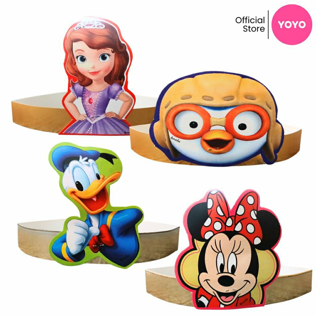 Topi Lingkar Mahkota Ulang Tahun 10 PCS Karakter Lucu Emas Silver Mickey Minnie Mouse Hello Kitty Po