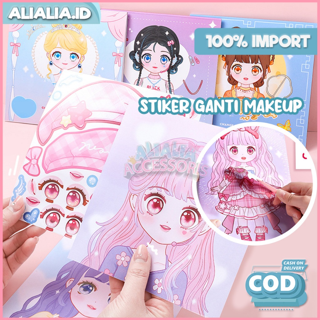 

Stiker Mainan Anak Kartun Change Makeup Buku Sticker DIY Lucu Berdandan Ganti Pakaian Muka