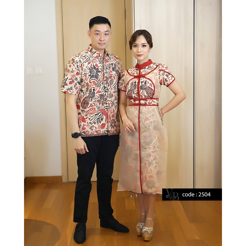 Dress Batik Katun Bunga Cheongsam Outer Organza 2504