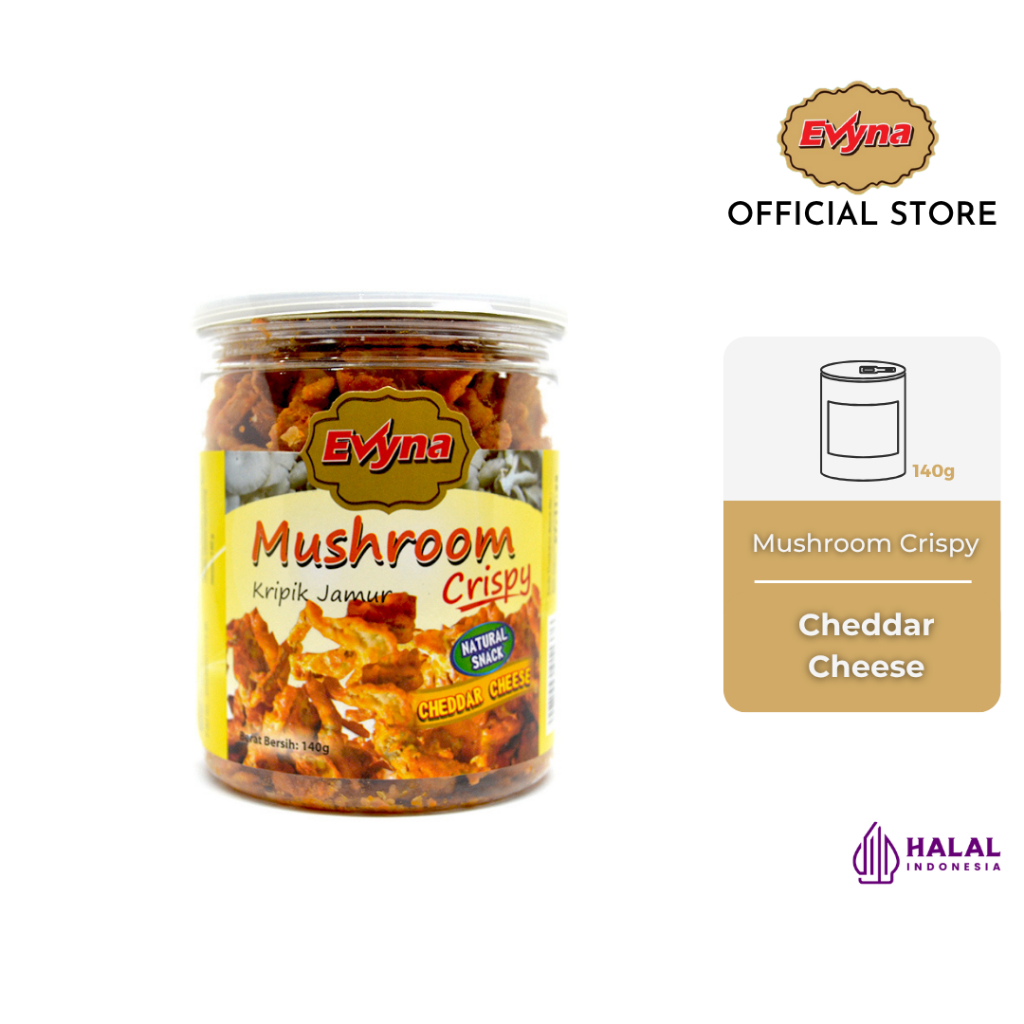 

Evyna Mushroom Crispy / Keripik Jamur Krispi Rasa Cheddar Cheese Botol PET CAN 140g