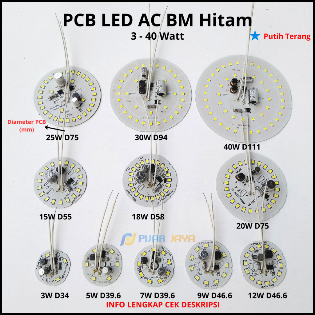 PCB Lampu LED AC BM Hitam Watt Lengkap 3 5 7 9 12 15 18 20 27 30 40 50 Watt DOB LED AC Modul LED