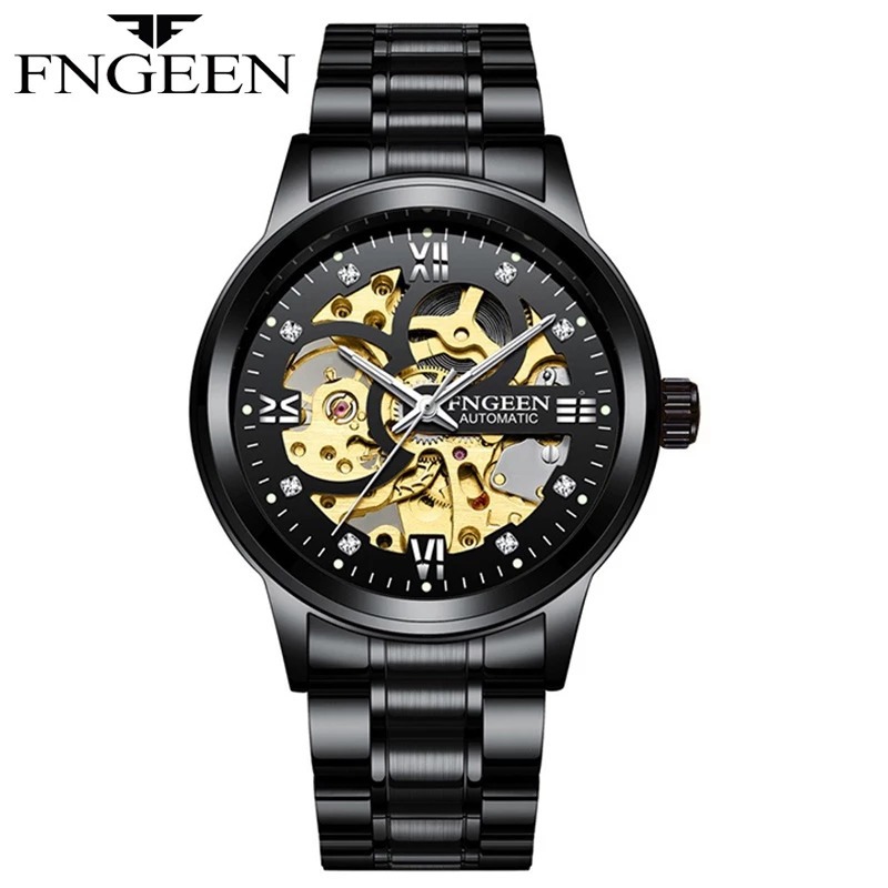 FNGEEN 6018 Jam Tangan Pria Anti Air Stainless Steel Quartz Automatic Mechanical Watch+Kotak Gratis