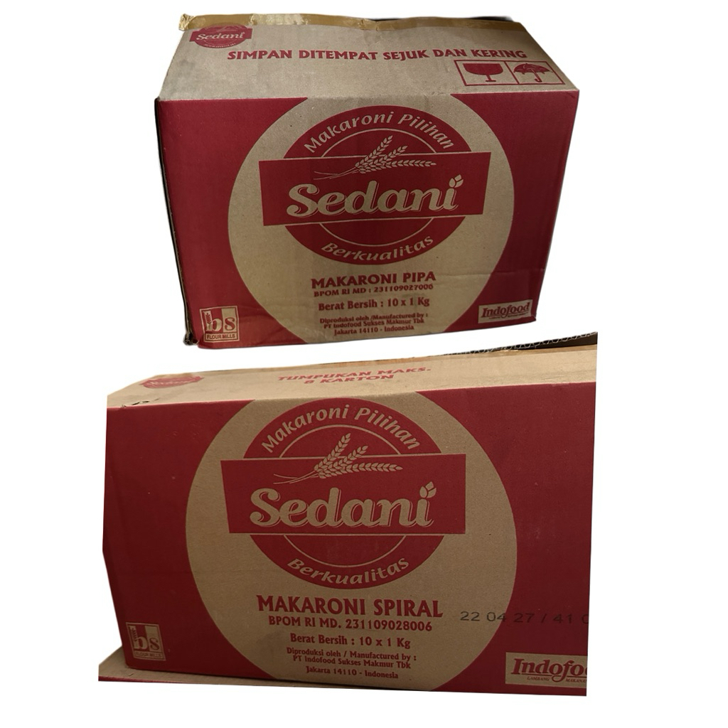 

Spiral Sedani / Pipa Sedani / Kerang Sedani Makaroni Skutel 1 kg x 10 [1 Dus]