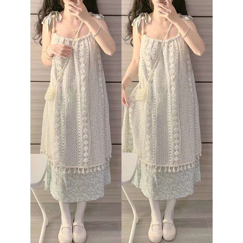 Dress Midi Gaun Tali Manik Vintage Layer Renda Boho Chic