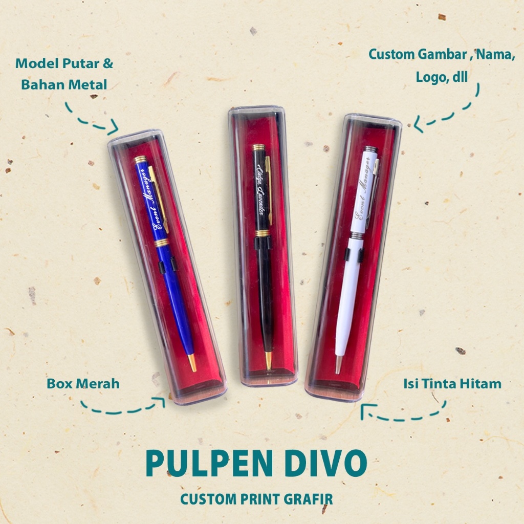 

Custom Pulpen / Pena Divo Souvenir Promosi Metal Putar Cetak Laser Grafir