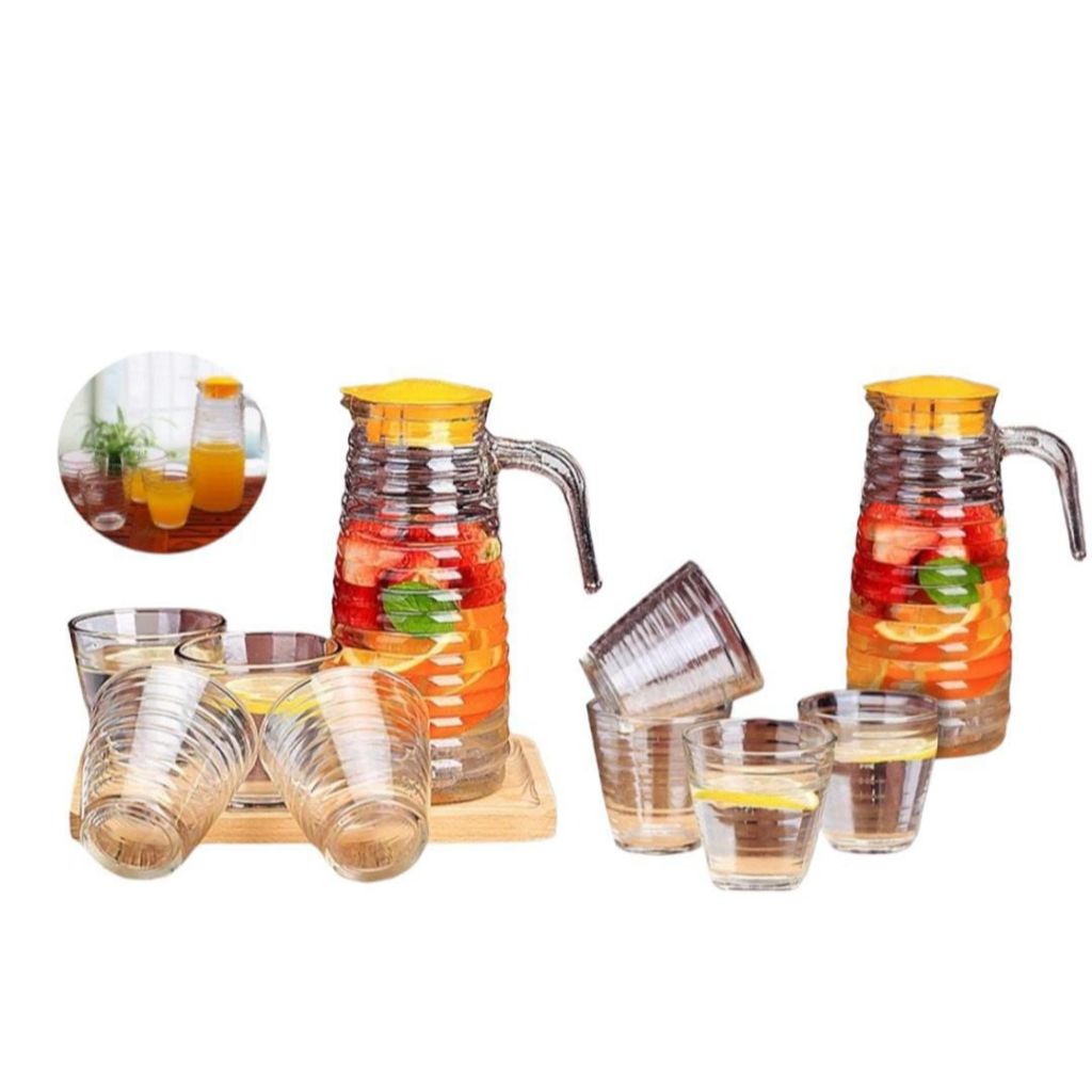 TEKO KACA SET 4 GELAS MEWAH / JAR KACA SET 4 CANGKIR KACA ASFAH MAKASSAR