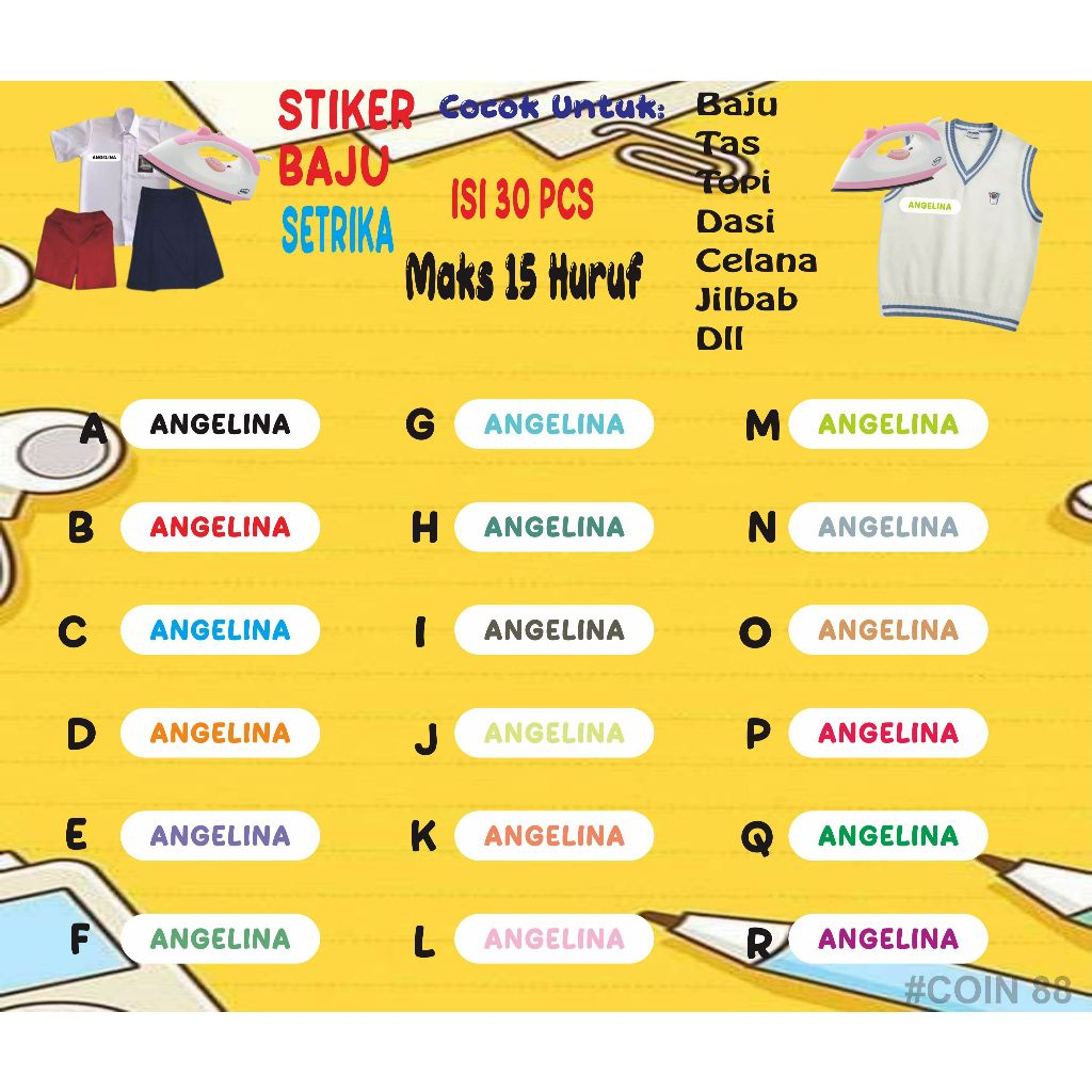 

Stiker Setrika Nama/Label Nama Setrika Untuk Anak-anak dan Dewasa Bahan DTF Waterproof 1 Paket Isi 30 Pcs Background Putih Full