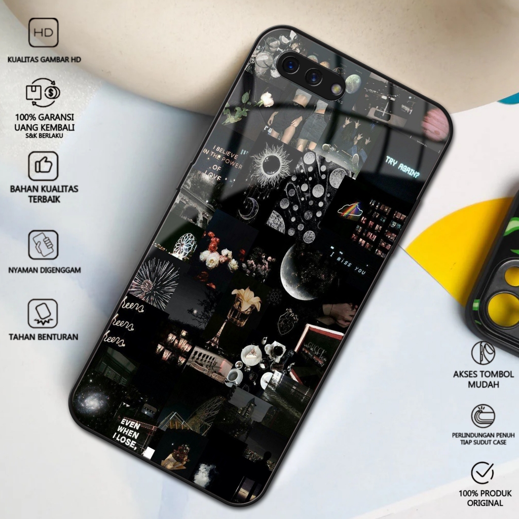 Case OPPO A3S / REALME C1 Terbaru Motif Aesthetic Black Softcase Glass Kaca Hardcase Glossy 2D Terla