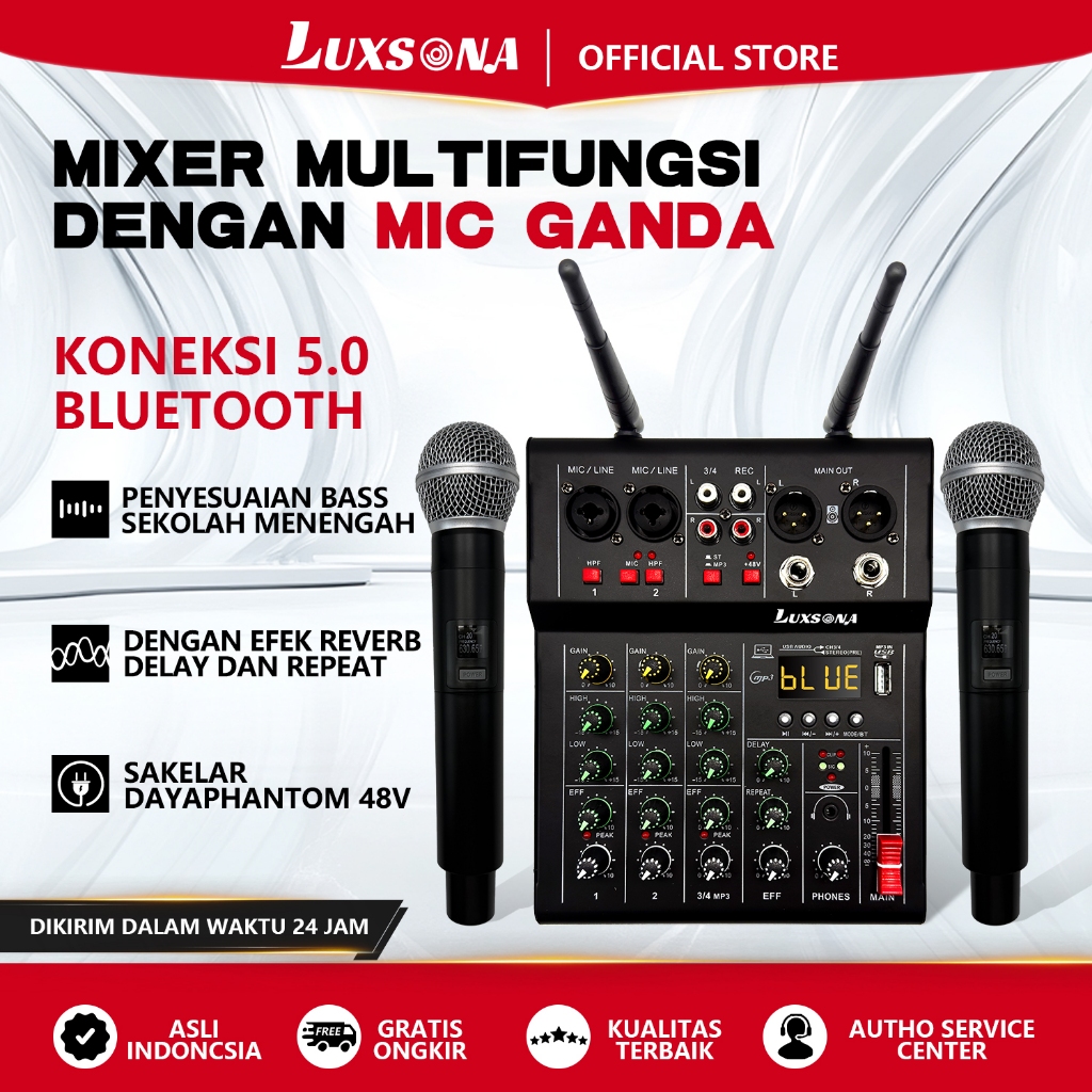 Bomransit_1 - Luxsona 4 Channel Mixer Profesional + 2 Mic Wireless Uhf Bluetooth Usb Amplifier