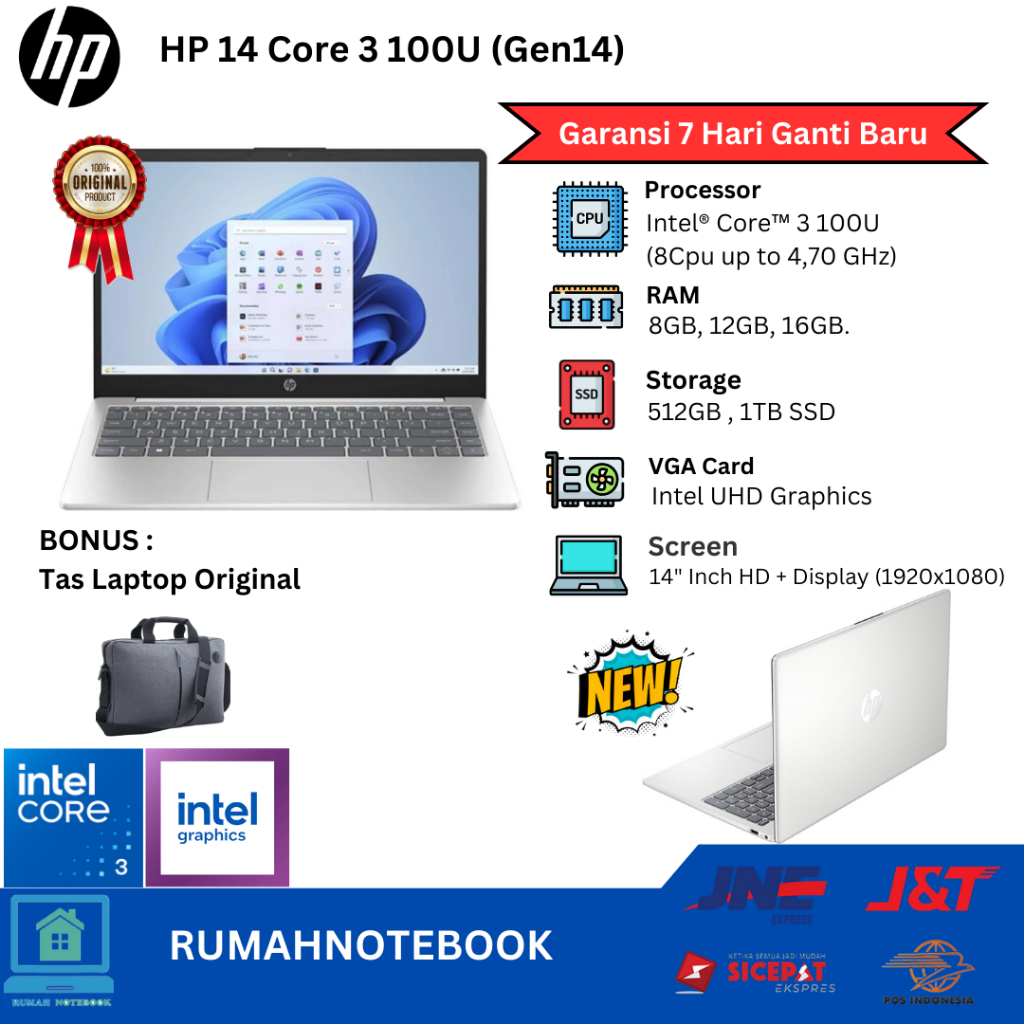 Laptop Baru Hp Core 3 100u (Core i3 Gen14) 8cpus up to 4.7GHz