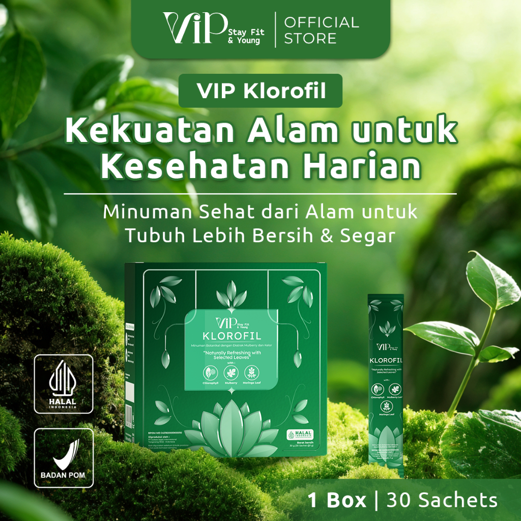 

VIP KLOROFIL 1Box isi 30 Sachet | CHLOROFIL MULBERRY DAUN KELOR MORINGA | Suplemen Detox Tubuh