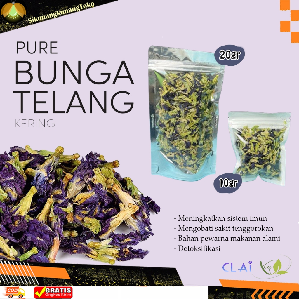 

(skn) Bunga Telang Kering Organik 20 & 10 Gr Talang Teleng betterfly pea flower Clitoria ternatea minuman herbal kesehatan