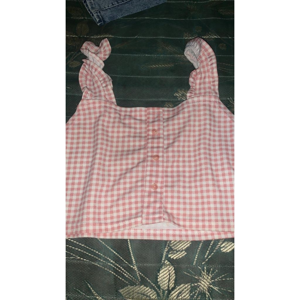 link co tengtop crop kotak pink putih