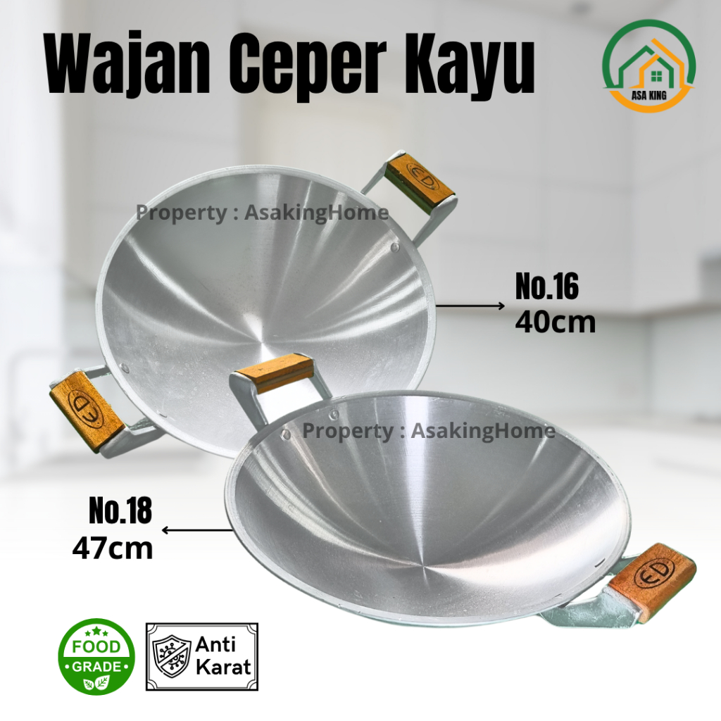 Wajan Penggorengan Ceper No.16/18 Alumunium Tebal Katel Serbaguna Anti Lengket Gagang Kayu Asaking