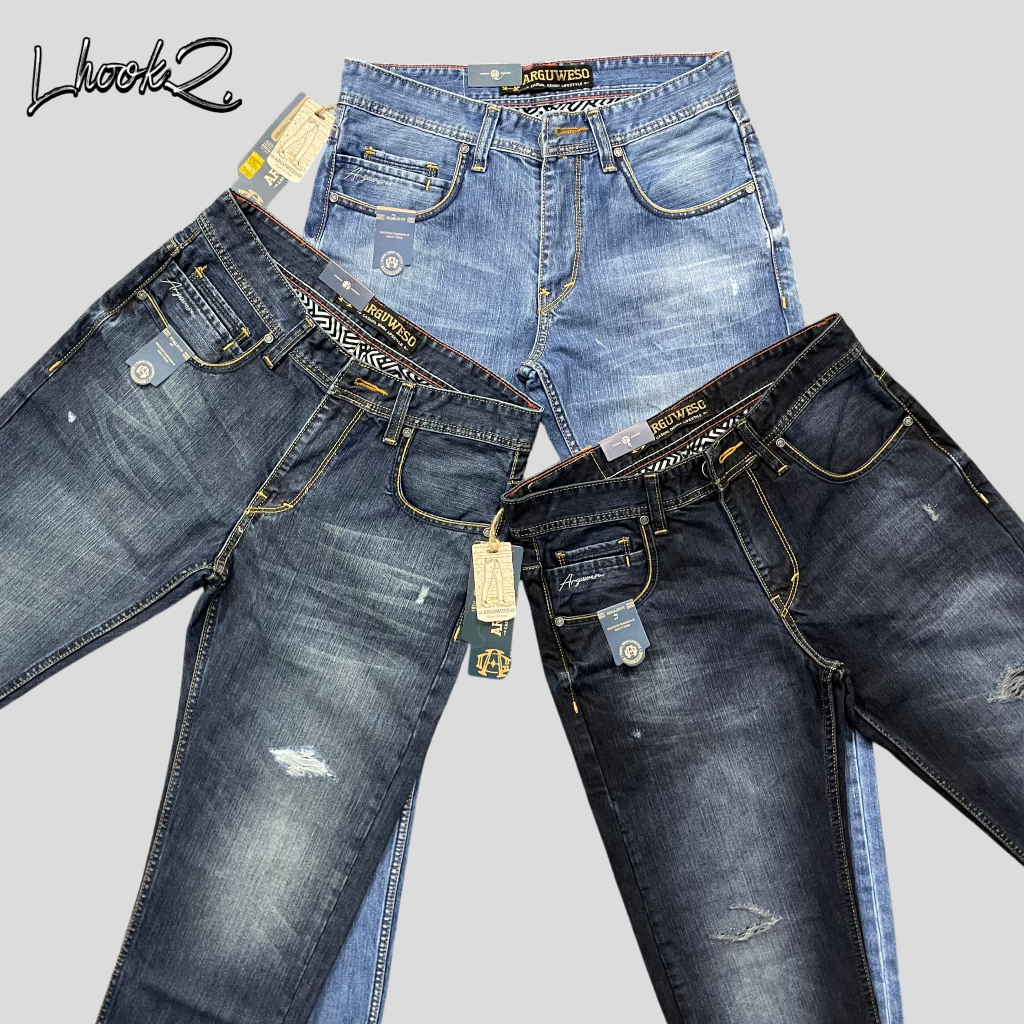 ARGUWESO Celana Ripped Jeans Sobek Panjang Pria Standar Reguler Fit