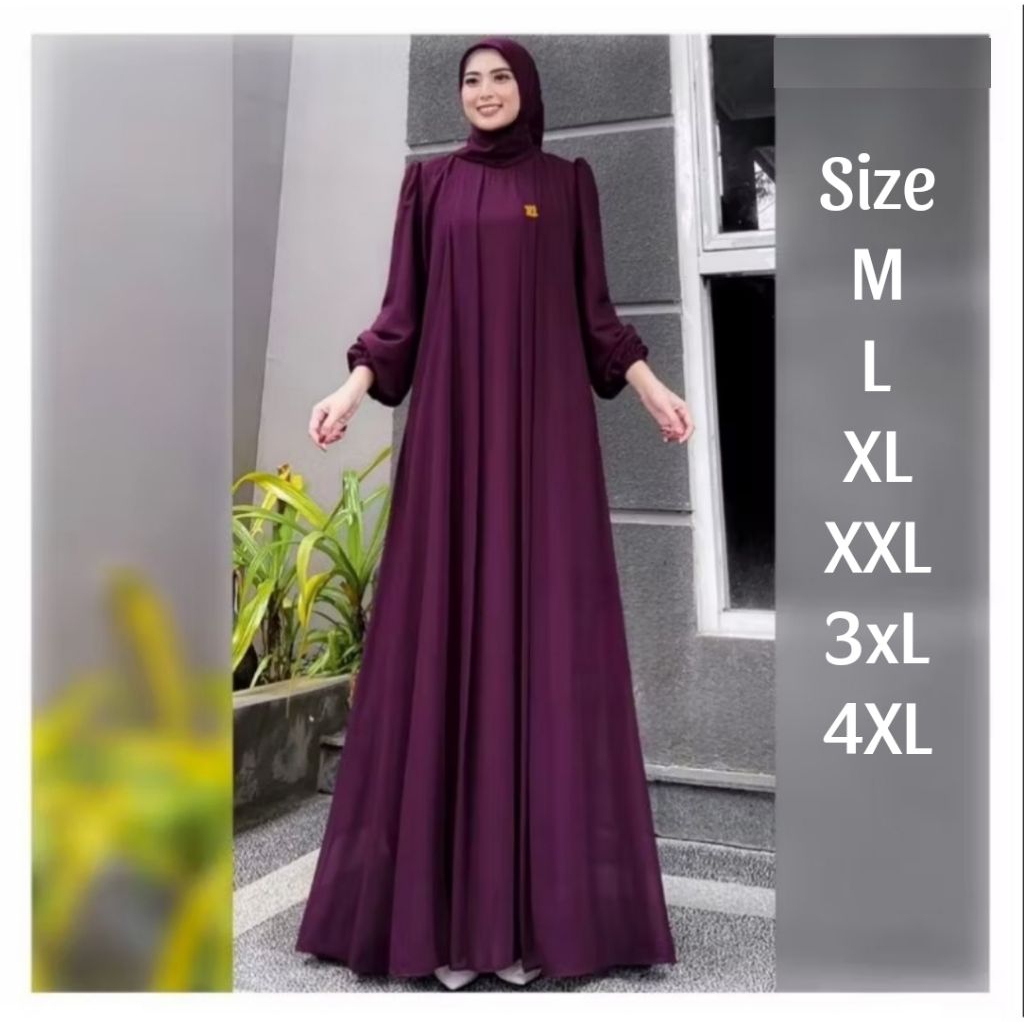GAMIS JUMBO BURGUNDY SARAH DRESS BAHAN CERUTTY PREMIUM FULL FURING WARNA MAHOGANY ARMY WOOD UKURAN M