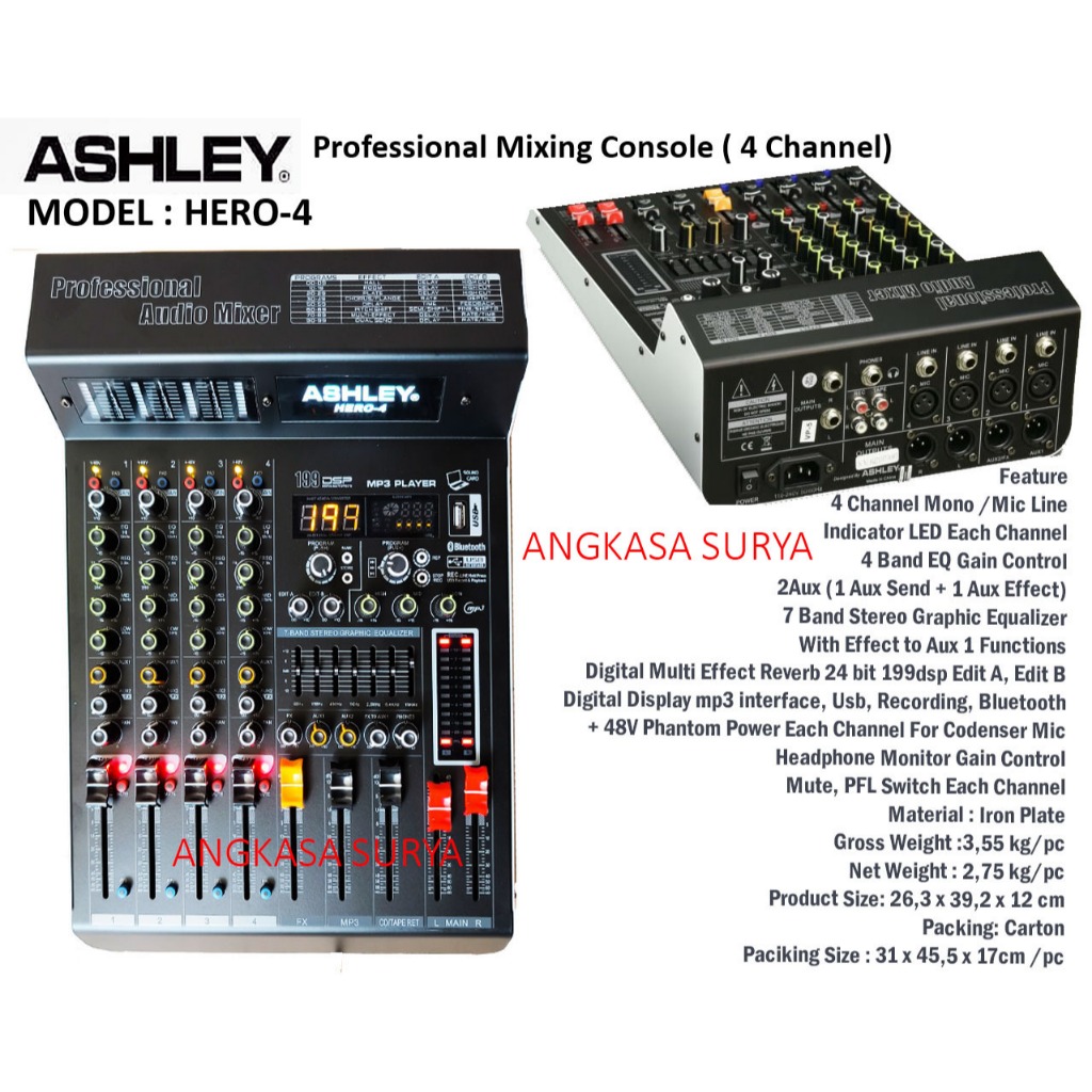 Mixer ASHLEY HERO 4 ORIGINAL / Mixer Audio ASHLEY HERO4 Original 4 Channel Reverb 199 Dsp