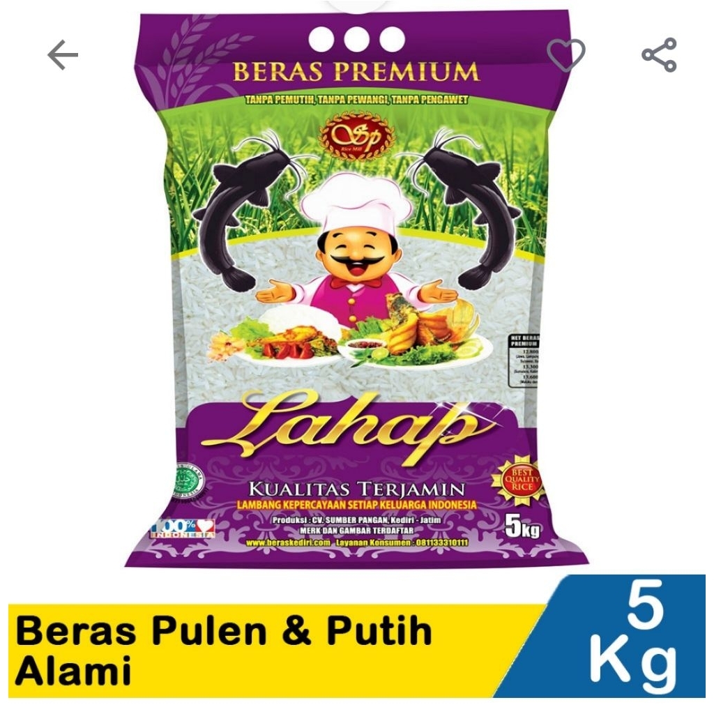 

Beras Premium Lahap Lele Pulen & Putih Alami 5Kg
