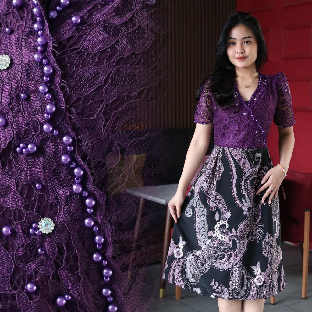 HAURA Dress Brokat Casandra Tangan Pendek Modern Terbaru Mewah Cantik Elegan Pesta Kondangan Anggun