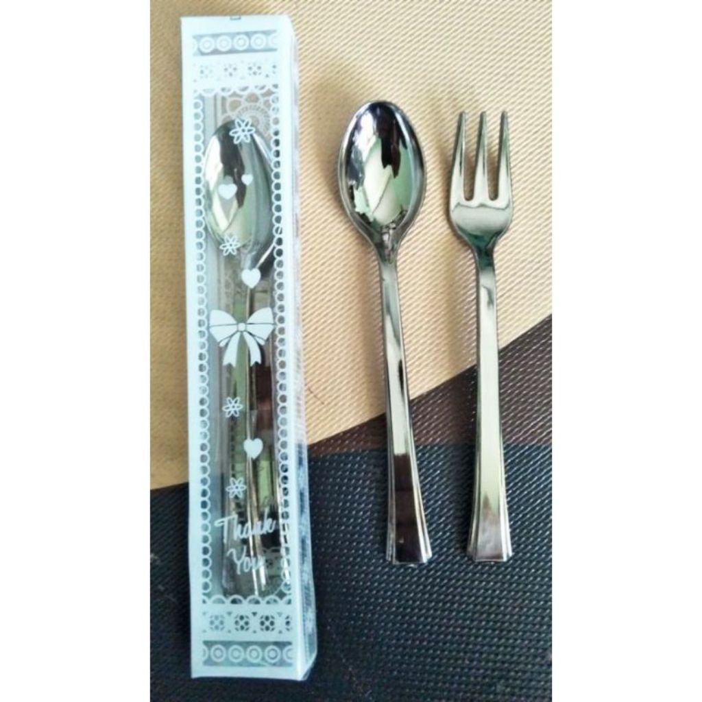GROSIR (isi 50pcs) SOUVENIR PERNIKAHAN SENDOK GARPU SILVER KEMASAN MIKA **