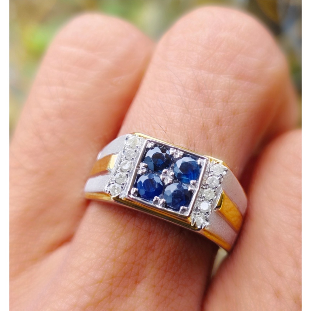 Cincin pria stempel natural blue sapphire plus berlian