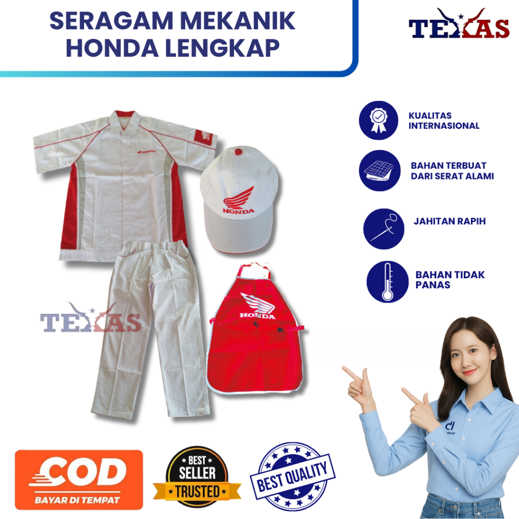 TEXAS SATU SET SERAGAM MEKANIK HONDA LENGKAP - BAJU - CELANA - TOPI - APRON KUALITAS PREMIUM