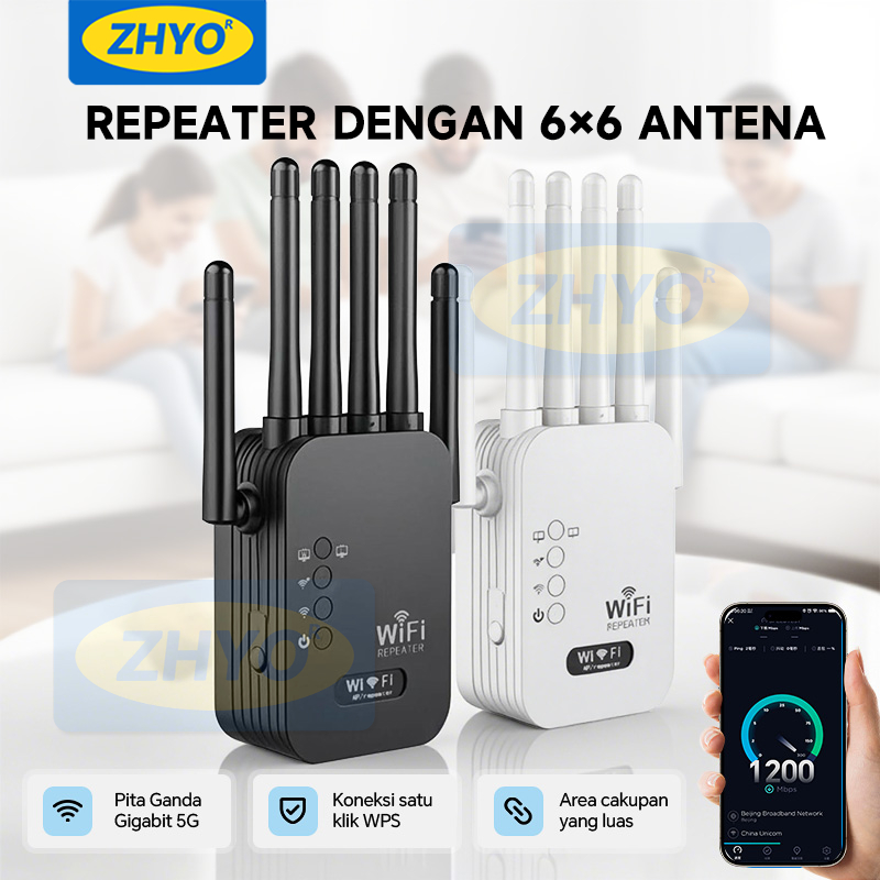 ZHYO Repeater WiFi 1200Mbps 6 Antena Dual Band 2.4G&5GPenguat Sinyal Tembus TembokExtender Router