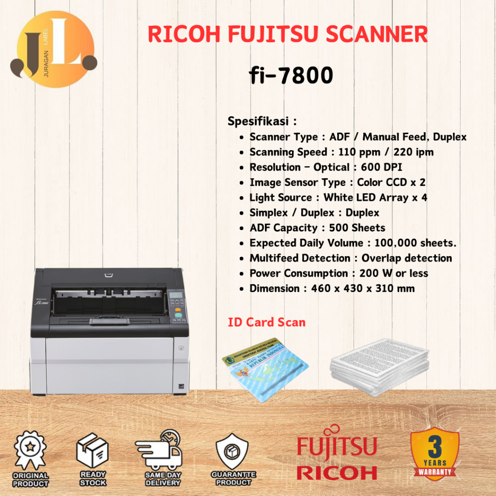 RICOH FUJITSU SCANNER Fi-7800 A3 ADF - Fi7800 Garansi Resmi - 110ppm Original