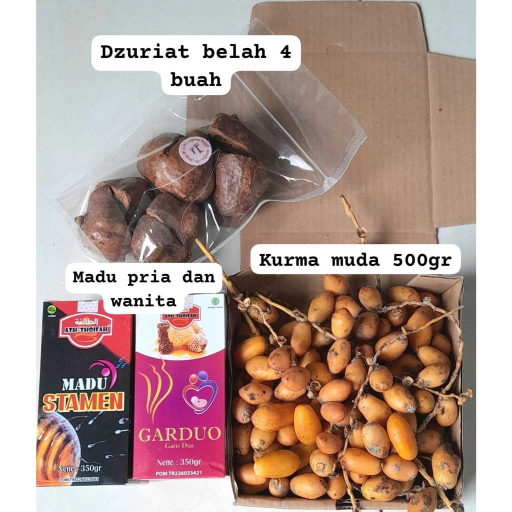Paket Program Hamil (Buah Zuriat 4 buah, Madu Pria dan Wanita, Kurma Muda 500gr)